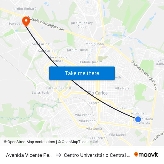 Avenida Vicente Pelicano to Centro Universitário Central Paulista map