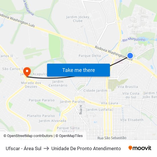 Ufscar - Área Sul to Unidade De Pronto Atendimento map