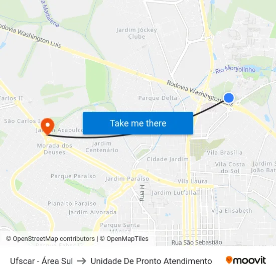 Ufscar - Área Sul to Unidade De Pronto Atendimento map
