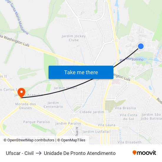 Ufscar - Civil to Unidade De Pronto Atendimento map