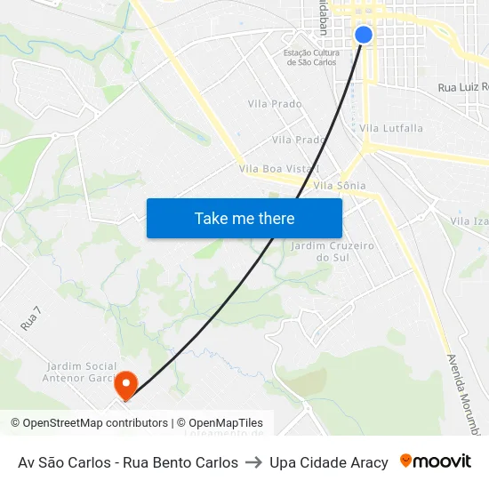 Av São Carlos - Rua Bento Carlos to Upa Cidade Aracy map