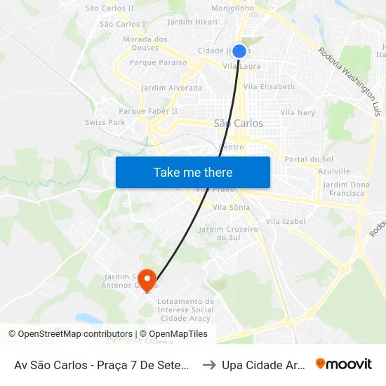 Av São Carlos - Praça 7 De Setembro to Upa Cidade Aracy map