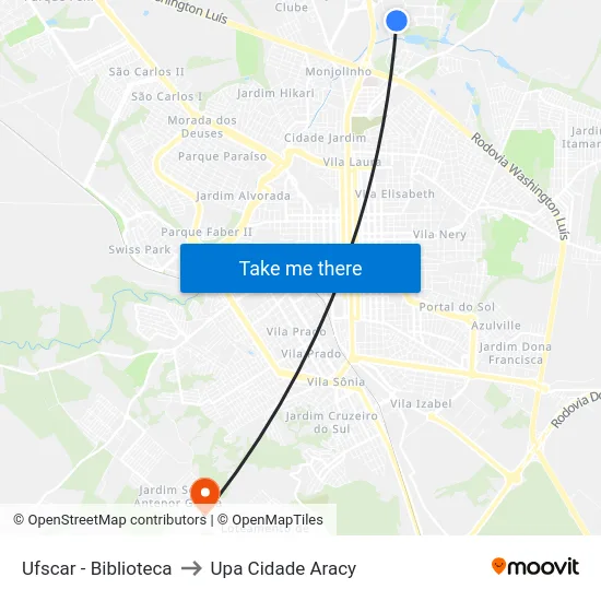Ufscar - Biblioteca to Upa Cidade Aracy map