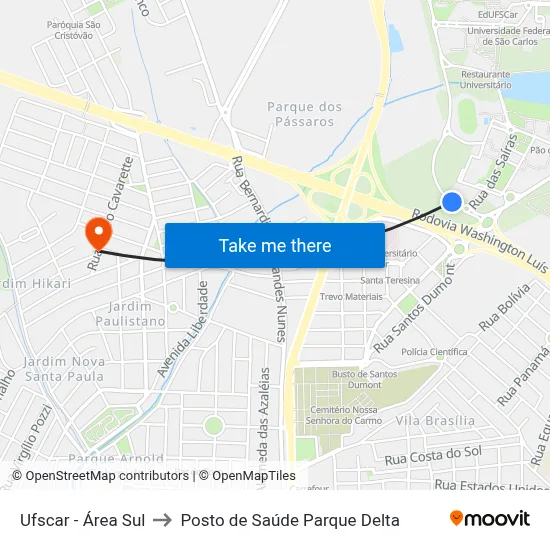 Ufscar - Área Sul to Posto de Saúde Parque Delta map