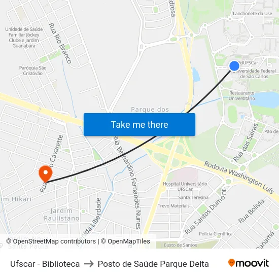 Ufscar - Biblioteca to Posto de Saúde Parque Delta map