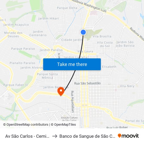 Av São Carlos - Cemitério to Banco de Sangue de São Carlos map