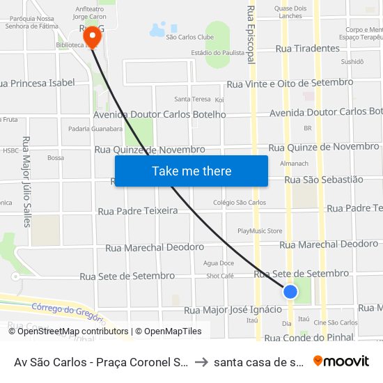 Av São Carlos - Praça Coronel Sales (Pombos) to santa casa de sao carlos map