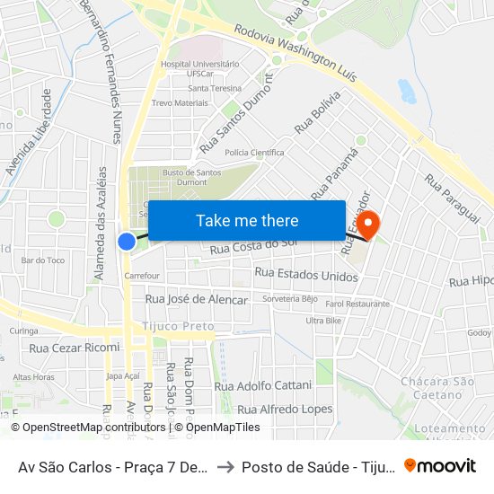 Av São Carlos - Praça 7 De Setembro to Posto de Saúde - Tijuco Preto map