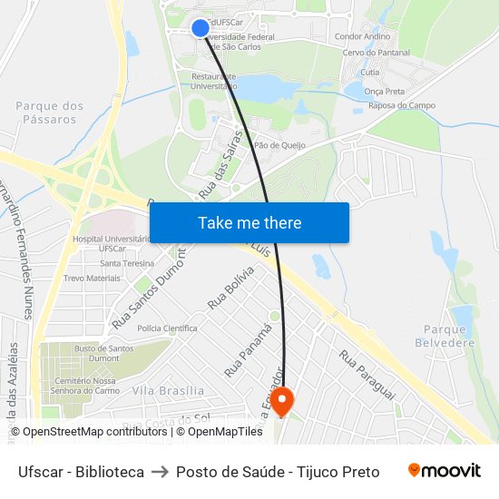 Ufscar - Biblioteca to Posto de Saúde - Tijuco Preto map