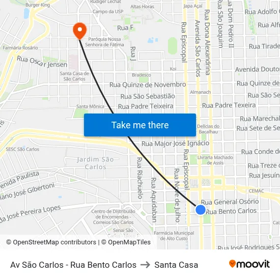 Av São Carlos - Rua Bento Carlos to Santa Casa map