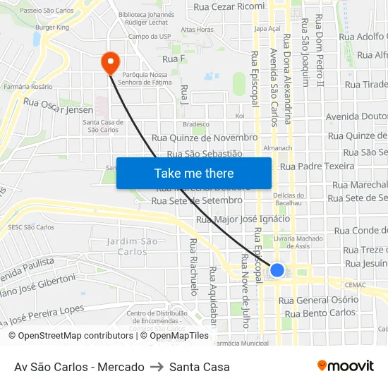 Av São Carlos - Mercado to Santa Casa map
