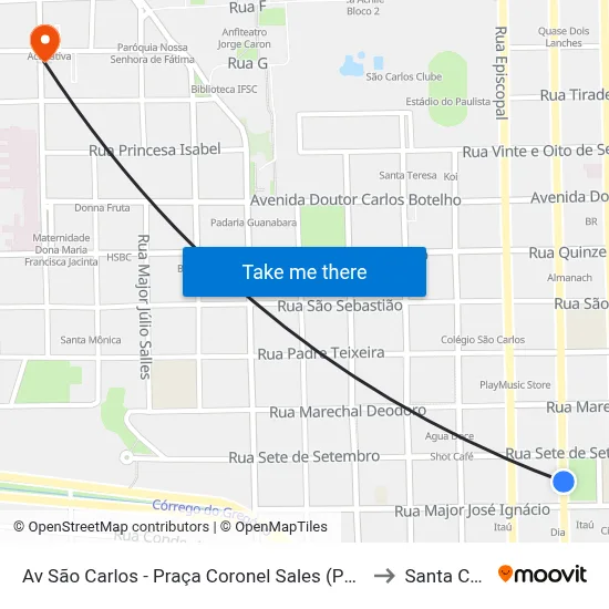 Av São Carlos - Praça Coronel Sales (Pombos) to Santa Casa map