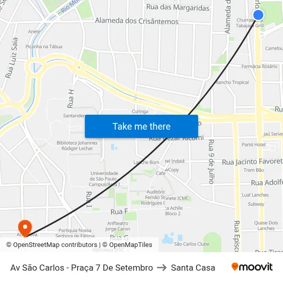 Av São Carlos - Praça 7 De Setembro to Santa Casa map