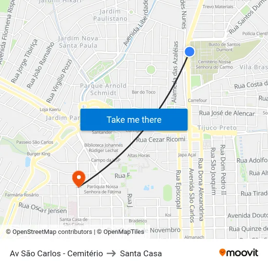 Av São Carlos - Cemitério to Santa Casa map