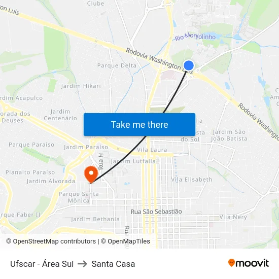 Ufscar - Área Sul to Santa Casa map