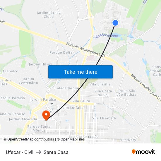 Ufscar - Civil to Santa Casa map