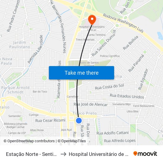 Estação Norte - Sentido Bairro to Hospital Universitário de São Carlos map