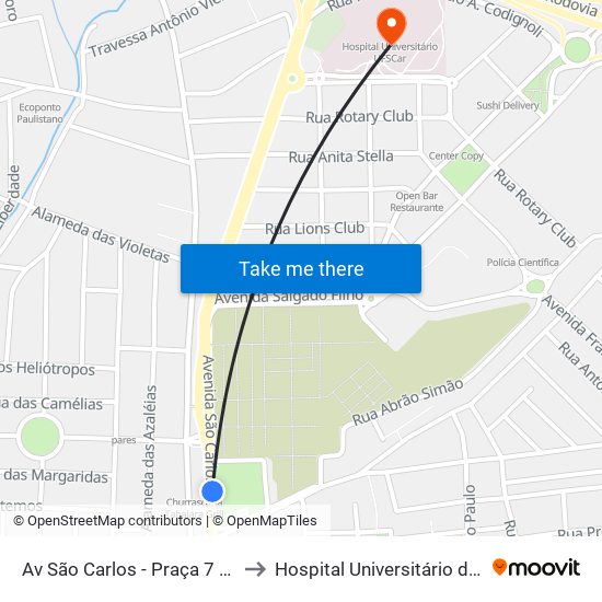 Av São Carlos - Praça 7 De Setembro to Hospital Universitário de São Carlos map