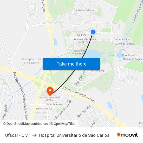 Ufscar - Civil to Hospital Universitário de São Carlos map