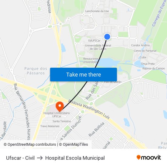 Ufscar - Civil to Hospital Escola Municipal map