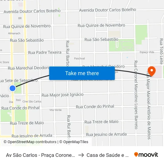 Av São Carlos - Praça Coronel Sales (Pombos) to Casa de Saúde e Maternidade map
