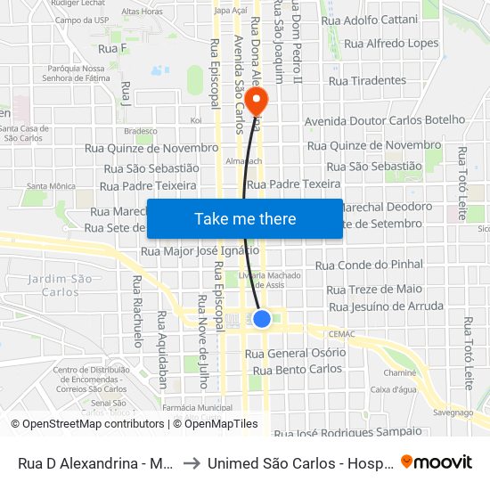 Rua D Alexandrina - Mercado to Unimed São Carlos - Hospital 24h map