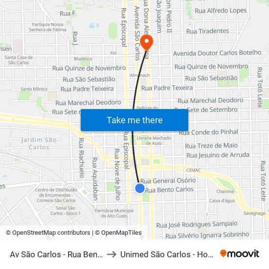 Av São Carlos - Rua Bento Carlos to Unimed São Carlos - Hospital 24h map