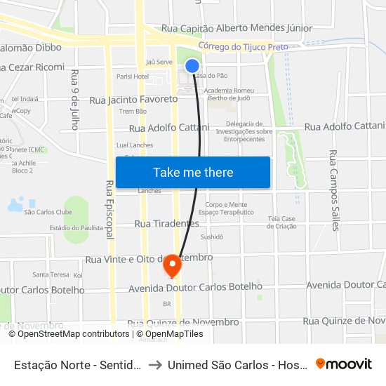 Estação Norte - Sentido Bairro to Unimed São Carlos - Hospital 24h map