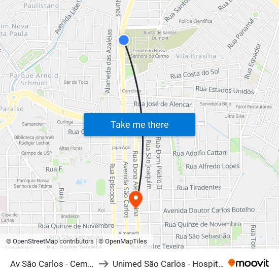 Av São Carlos - Cemitério to Unimed São Carlos - Hospital 24h map