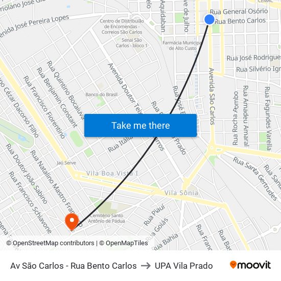 Av São Carlos - Rua Bento Carlos to UPA Vila Prado map