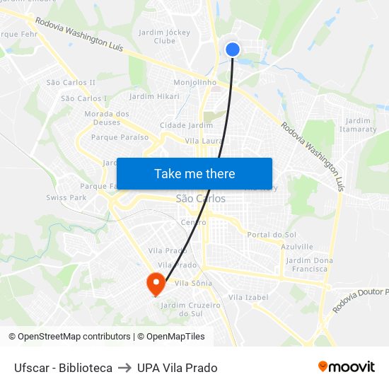 Ufscar - Biblioteca to UPA Vila Prado map