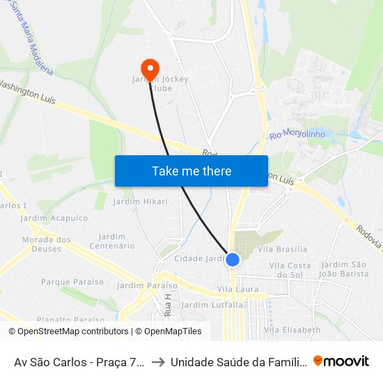 Av São Carlos - Praça 7 De Setembro to Unidade Saúde da Família Jockey Club map