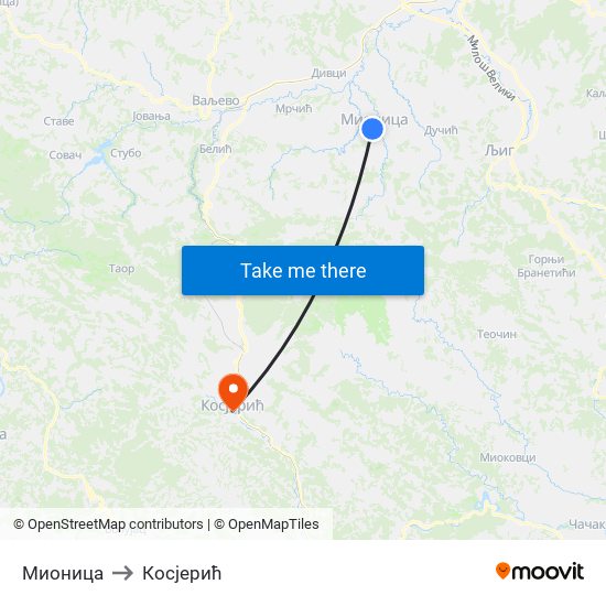 Мионица to Косјерић map