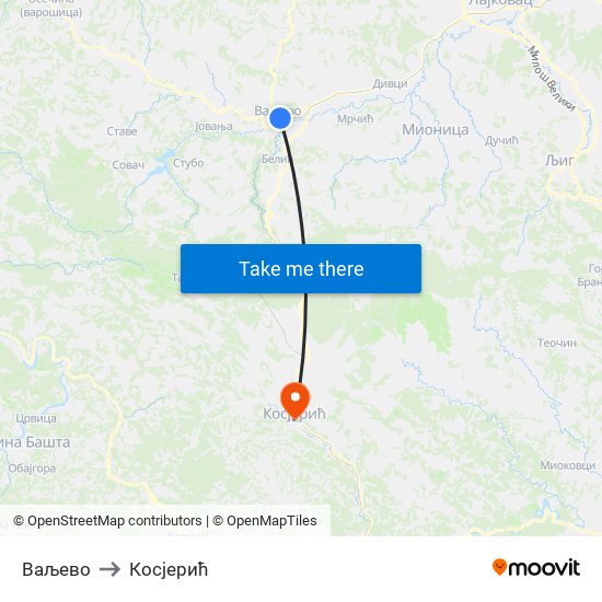 Ваљево to Косјерић map