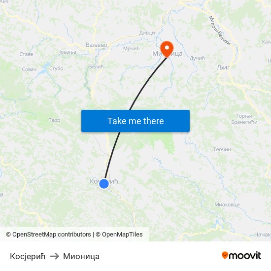 Косјерић to Мионица map