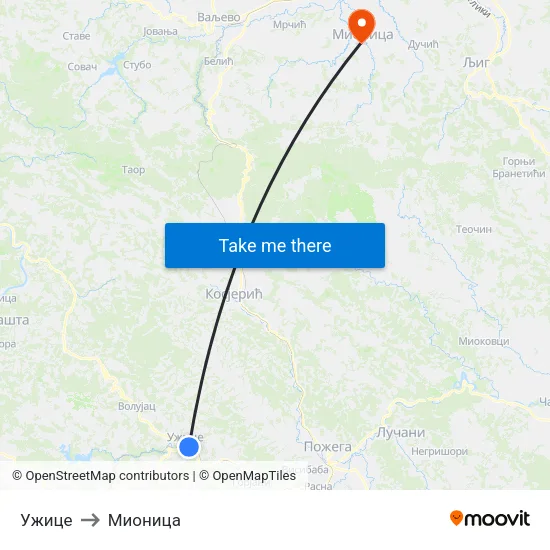Ужице to Мионица map