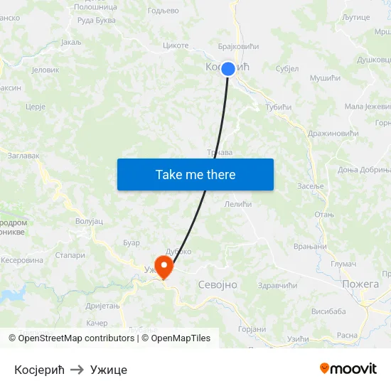 Косјерић to Ужице map