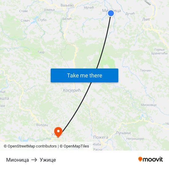 Мионица to Ужице map