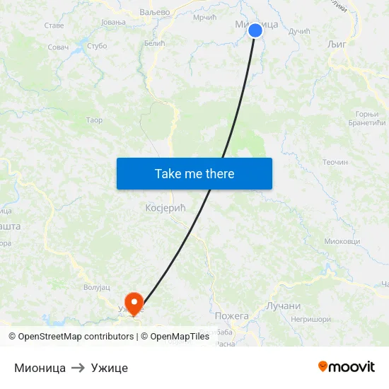 Мионица to Ужице map