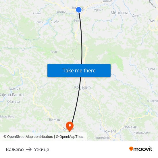 Ваљево to Ужице map