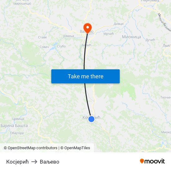 Косјерић to Ваљево map