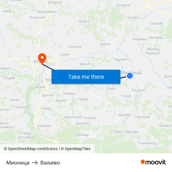 Мионица to Ваљево map