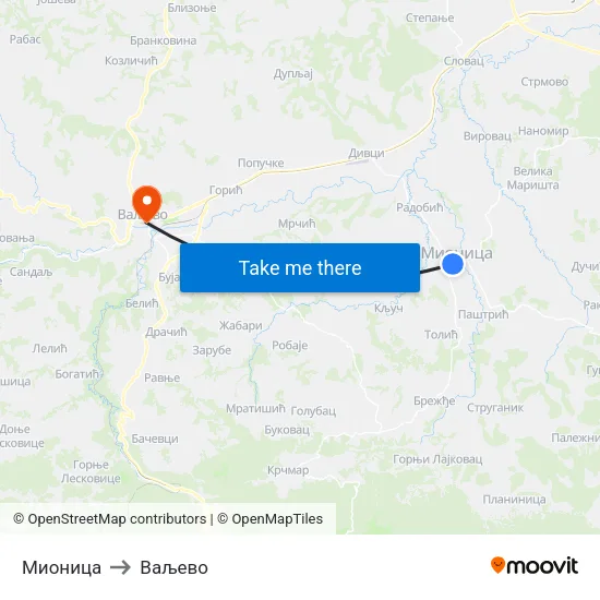 Мионица to Ваљево map