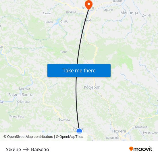 Ужице to Ваљево map