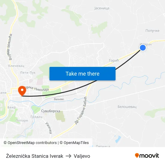 Železnička Stanica Iverak to Valjevo map