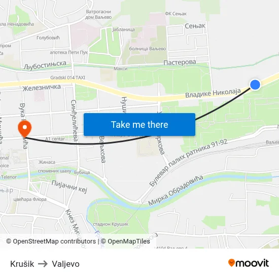 Krušik to Valjevo map