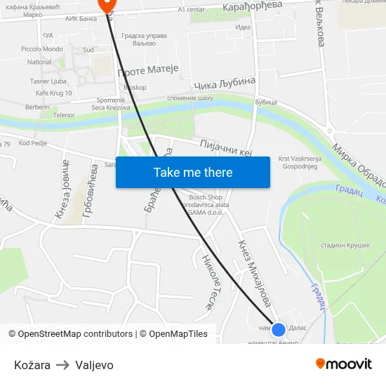 Kožara to Valjevo map