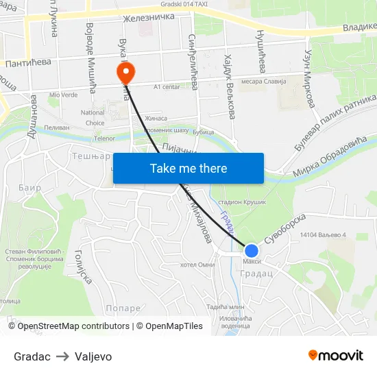 Gradac to Valjevo map