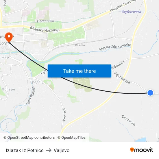 Izlazak Iz Petnice to Valjevo map