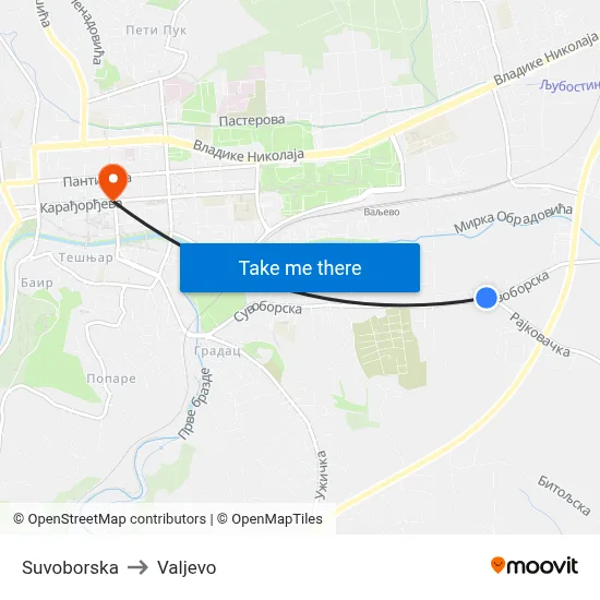 Suvoborska to Valjevo map